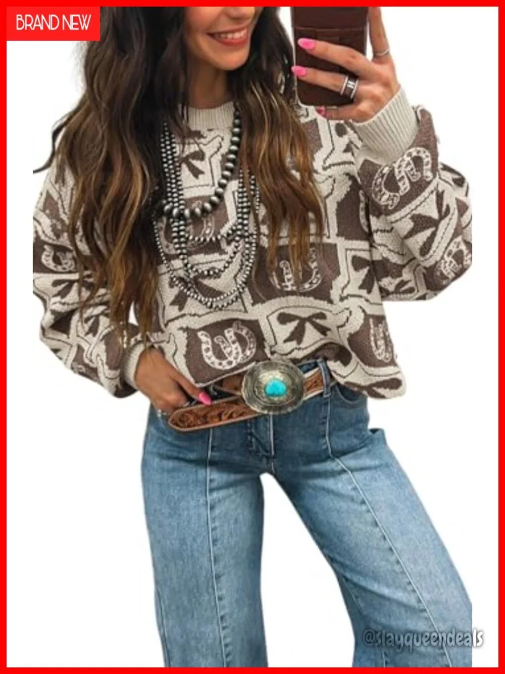Crewneck Western Sweater Casual Bow Horseshoes Pattern Long Sleeve Knitted